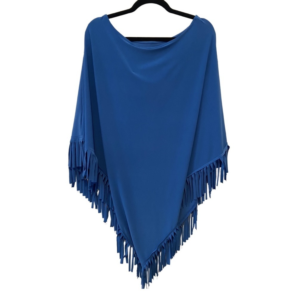 Attitudes by Renee Como Jersey Fringe Trim Poncho Blue Grotto M/L - Picture 2 of 15